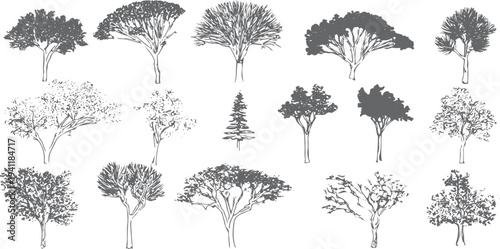 Collection of hand drawn grey trees on white background