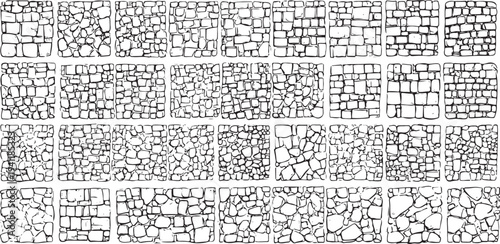 Collection of hand drawn stone wall textures in black and white