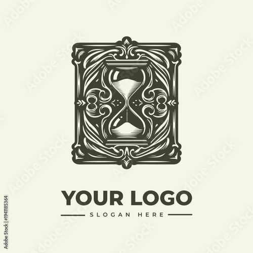 A vintage engraving-style logo featuring an hourglass within an ornate square frame with foliage, accompanied by 'YOUR LOGO' text and a placeholder slogan on a cream background.