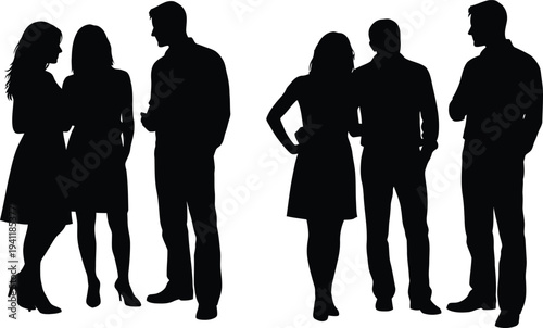 Silhouettes of people standing in groups talking to each other socially on white background