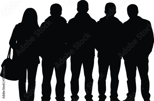 Silhouette of a group of five people standing together in a line facing away