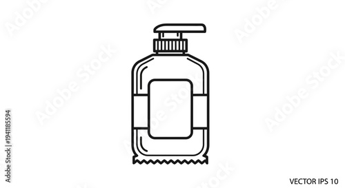 Minimalist line art illustration depicting a pump dispenser bottle for liquid soap or hand sanitizer