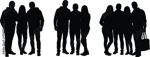 Silhouettes of people standing in groups talking to each other in various poses and stances together