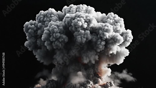 Powerful explosion with fire smoke cloud and sparks on black