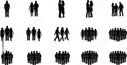 Various groups of people standing together in different poses and sizes on white background
