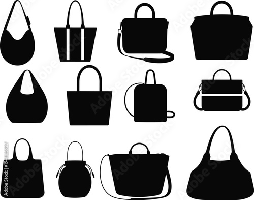 Handbag silhouettes collection, women fashion bags set, purse tote backpack icons, stylish accessory shapes isolated on white background