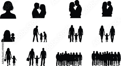 Collection of black silhouette icons depicting various people and family relationships in different poses and interactions
