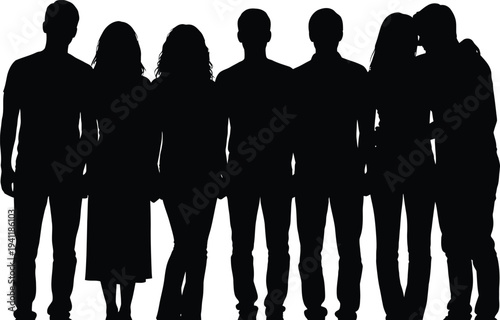 Silhouette of a group of people standing together in a line facing forward