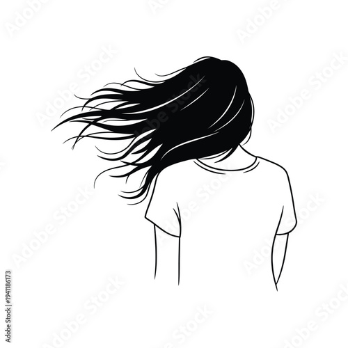 Minimalist Woman Back View with Long Hair Blowing in Wind Line Art Vector illustration.