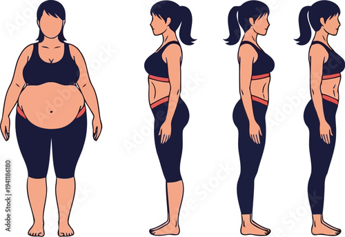 Female slimming progress infographic with gym equipment icons