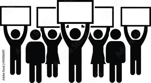 Black silhouettes of people holding blank signs in protest or demonstration together