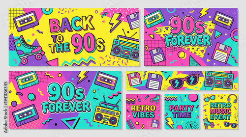 Retro 90s Memphis Banner Collection – Colorful Cassette and Boombox Background Set