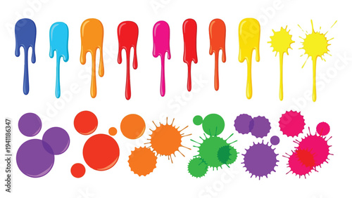 Colorful paint splatters and drips in various shapes and sizes on white background