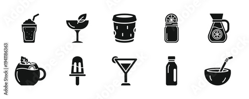 Collection of beverage icons in black on transparent background, various drinks and accessories