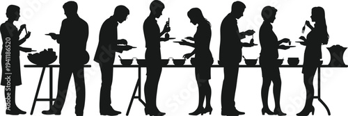 People buffet dinner party catering food serving line social gathering event restaurant silhouette flat vector illustration design