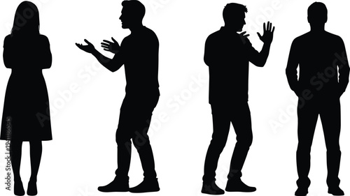 Human interaction silhouettes, communication posture illustration, body language vector, people discussion graphic design, interpersonal gesture outline art collection