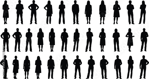 Human silhouette vector illustration with male and female figures, diverse standing poses, expressive body language, clothing style artwork, posture design collection