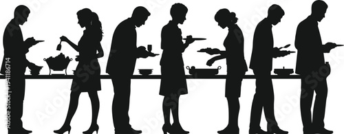People buffet dinner party catering food serving line social gathering restaurant event meal silhouette flat vector illustration design