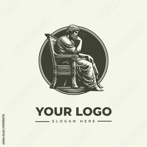 A monochromatic illustration of a seated ancient Greek philosopher within a circular frame, accompanied by placeholder text for a logo and slogan on a neutral background.