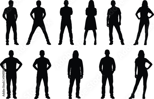 Human silhouette vector illustration with male and female standing poses, expressive body language, posture design, character artwork, nonverbal communication concept