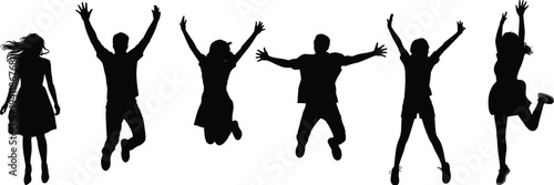 Joyful group of people jumping silhouettes, celebrating freedom, happiness, energy, teamwork, youth lifestyle, dynamic motion, positive vibes