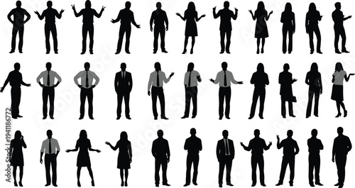 Human silhouette vector illustration with male and female figures, expressive standing poses, body language artwork, posture design, character identity collection