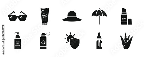 Collection of black icons representing summer accessories and skincare products on a white background
