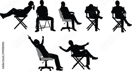 Human silhouettes sitting on chairs, relaxed and expressive postures, office swivel chairs, director folding chairs, body language and character expression illustration