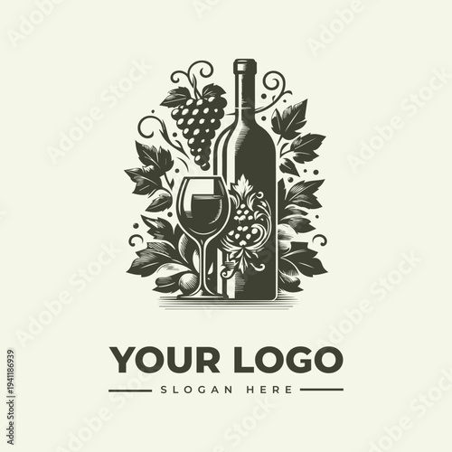 A wine bottle and glass illustration with grapes and leaves, presented as a logo or icon on a beige background.