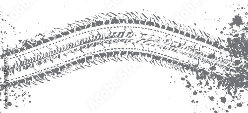 Gray tire track and splatter on white background grunge