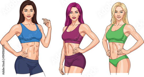 Diverse fit women in athletic sportswear character design art