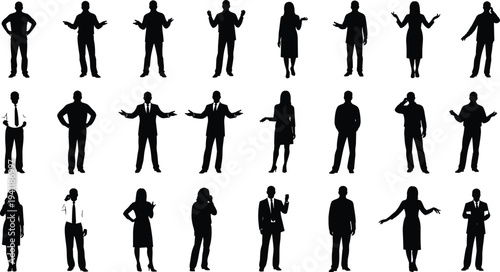 Human silhouettes with business attire, diverse postures, standing gestures, arms crossed, hands on hips, phone use, workplace communication illustration