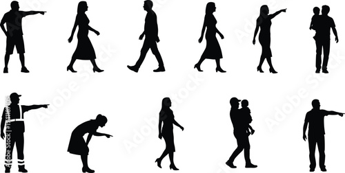 Human silhouettes with diverse poses, walking, pointing, carrying child, bending forward, standing figures, social interaction illustration