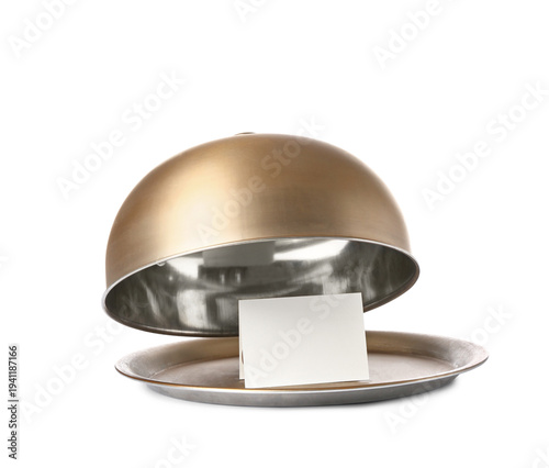 Metal tray with open cloche...