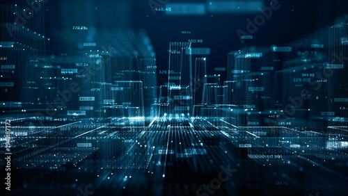 Photography Abstract smart city concept with glowing digital buildings, data streams, and financial analytics overlay