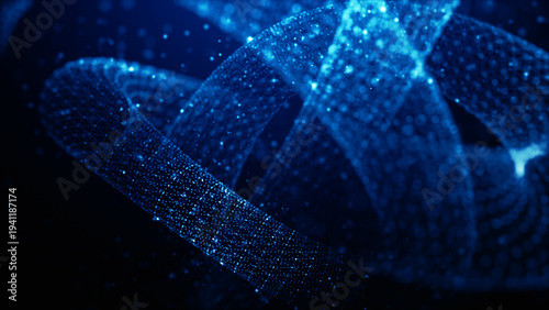 Abstract blue particle wave forming a twisting digital structure. Futuristic technology background symbolizing artificial intelligence, big data flow, quantum computing, 3d Rendering