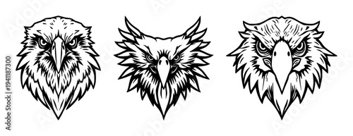 Eagle head set with symmetrical line art design featuring predatory bird style, modern aesthetic, bold outlines with clean illustration and simplified form