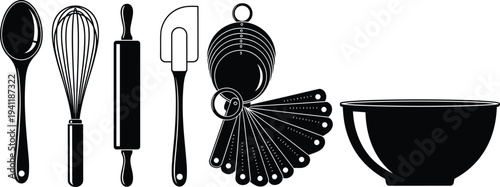 Kitchen utensils silhouettes with spoon, whisk, rolling pin, spatula, measuring cups, mixing bowl, essential cooking and baking tools illustration