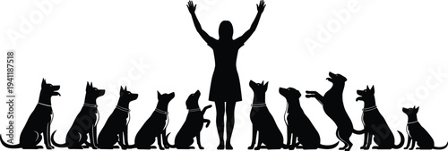 Black, silhouette, of, female, dog, trainer, with, group, of, various, breeds, of, obedient, dogs, on, white, background, animal, training, concept