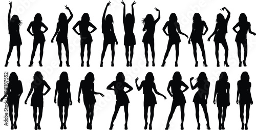 Business people silhouettes, child playing with jumping dog, and coach with a group of children, isolated on a white background.