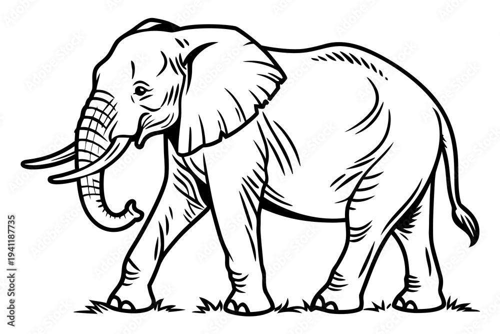 Obraz premium Elephant Coloring Book Page Vector Illustration – Black White Bold Line Art, Printable A4, SVG Style, Isolated on White Background
