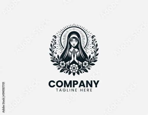 Praying woman with halo and floral vines in clean modern spiritual vector illustration