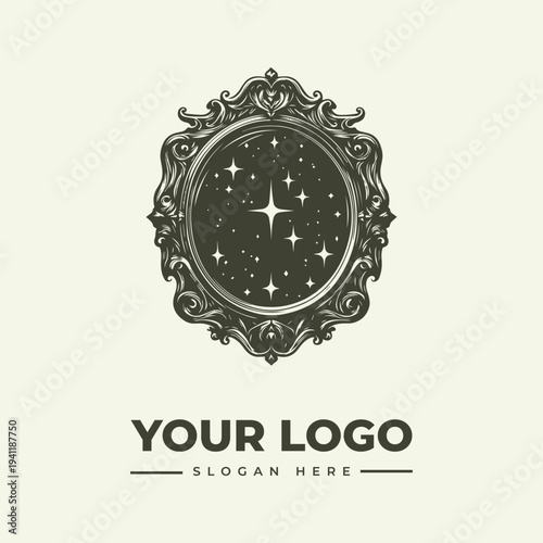 A logo design featuring a starry night sky within an ornate, vintage-style frame with space for a custom logo and slogan on a beige background.