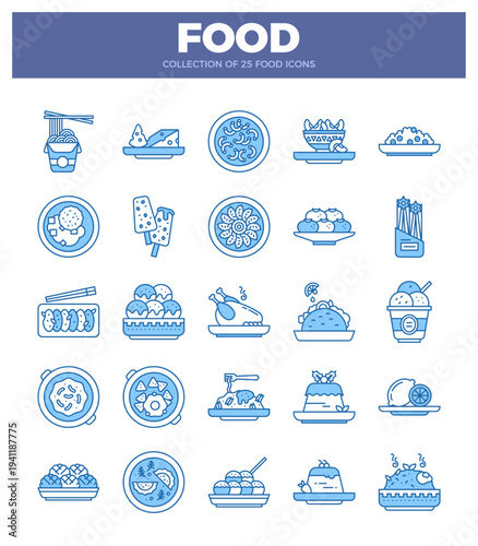 Blue outlined food icons on white background. dishes