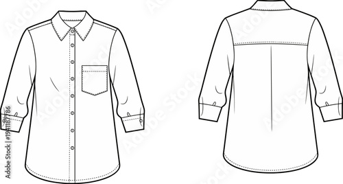Women, casual, shirt, technical, fashion, drawing, front, back, view, long, sleeve, pocket, button, collar, apparel, garment, template, outline, vector, illustration