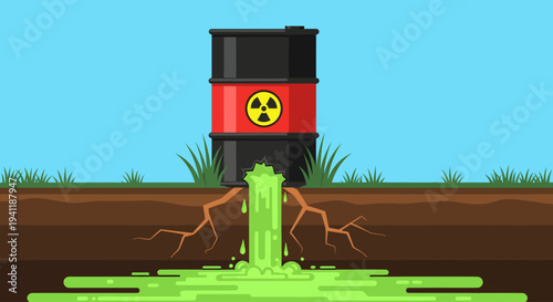 A vibrant vector illustration captures corrosive green radioactive fluid bleeding from a broken black barrel, poisoning a subterranean cross-section of soil and root systems