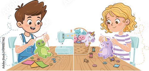 Kids, sewing, toys, craft, children, creative, DIY, activity, cartoon, illustration, boy, girl, handmade, hobby, learning, classroom, vector, colorful, education, fun