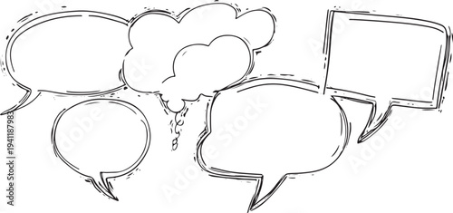 Hand drawn speech bubbles and thought clouds black and white