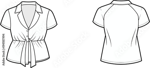Women, wrap, blouse, technical, fashion, drawing, front, back, view, short, sleeve, waist, tie, elegant, apparel, garment, template, outline, vector, illustration
