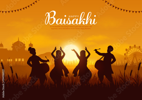Happy Baisakhi Festival in Punjab, India. A joyful Sikh couple celebrating Baisakhi amidst a vibrant Punjabi cultural backdrop Vector illustration.